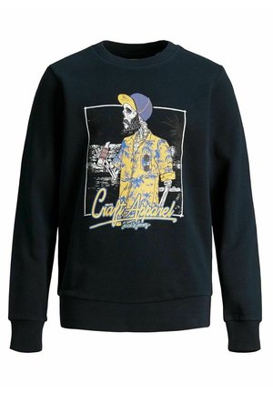 Schwarzer Sweatshirt mit Rundhalsausschnitt, langen Ärmeln und gerippten Bündchen. Mit einem bunten grafischen Aufdruck eines Skeletts in einem gelben Hemd.