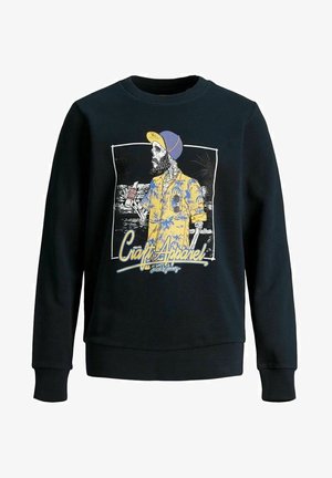 Sort sweatshirt med rund hals, lange ærmer og ribstrikkede manchetter. Har et farverigt grafisk tryk af et skelet i en gul trøje.