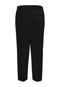 Pantalon noir à texture lisse, doté d'une ceinture élastique, de deux poches arrière et d'une coupe fuselée.