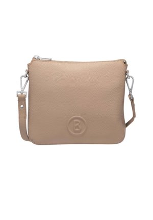 Beżowa skórzana torebka na ramię z odpinanym paskiem, srebrnymi zapięciami, zamkiem błyskawicznym oraz wytłoczonym okrągłym logo na środku przodu.