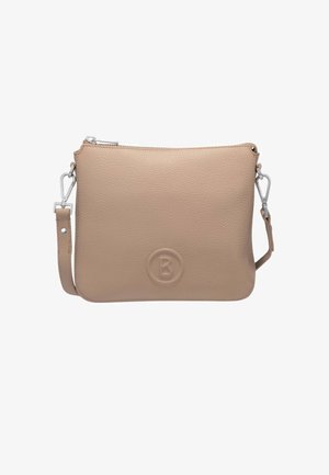 Beige Leder-Umhängetasche mit abnehmbarem Riemen, silbernen Verschlüssen, Reißverschluss und geprägtem, runden Logo in der vorderen Mitte.