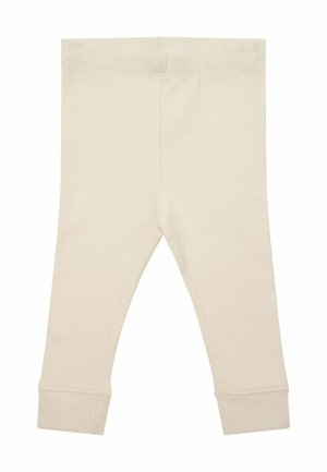 Baby-Leggings in Cremefarbe mit umgeschlagenen Bündchen an den Knöcheln aus geripptem Stoff, flach präsentiert ohne Muster oder Verzierungen.