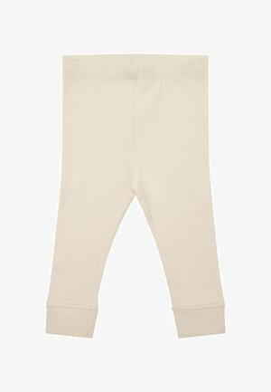 Baby-Leggings in Cremefarbe mit umgeschlagenen Bündchen an den Knöcheln aus geripptem Stoff, flach präsentiert ohne Muster oder Verzierungen.