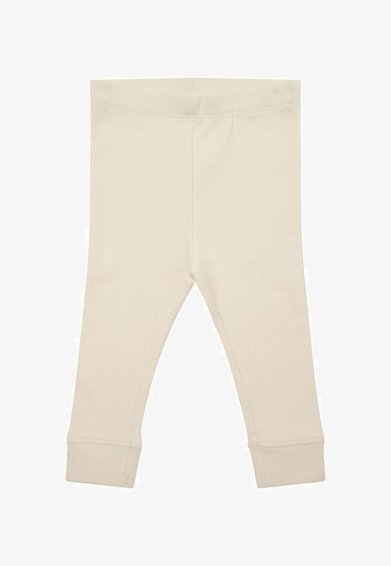Leggings bébé couleur crème avec chevilles retroussées en tissu côtelé, présentés à plat sans motifs ni ornements.
