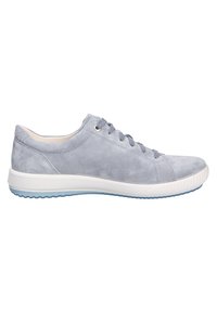 Baskets en daim gris clair avec un bout rond, semelle intermédiaire blanche et semelle extérieure en caoutchouc bleu texturé. Comprend cinq œillets et un intérieur doux.