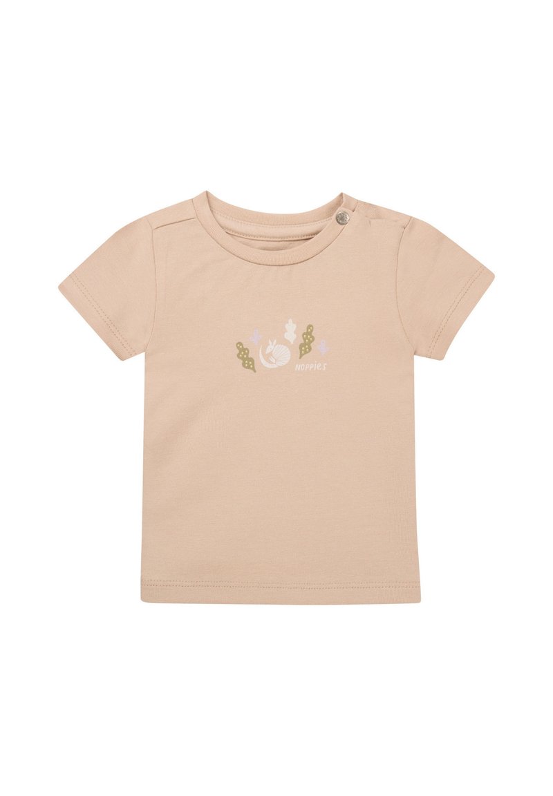 Hellbeige kurzärmeliges T-Shirt aus weicher Baumwolle, mit einem kleinen, mehrfarbigen pflanzenmotivierten Grafik auf der Vorderseite und einem Druckknopf an der Schulter.