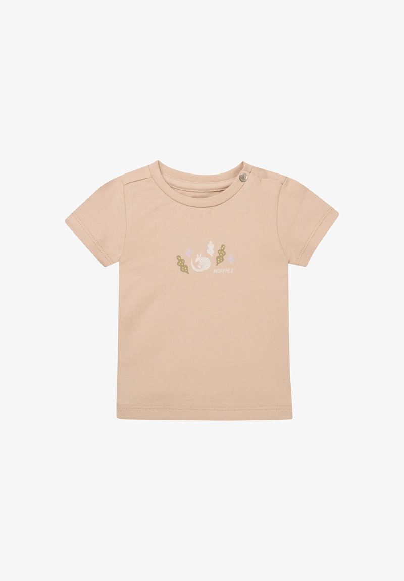 Jasno beżowa, krótko-sleeve koszulka wykonana z miękkiej bawełny, z małym, wielokolorowym, roślinnym wzorem na przodzie i zatrzaskiem na ramieniu.