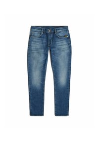 Blå denimjeans med rak passform, ljusa urtvättningar, femfickorsdesign och en enkel knappgylf. Har en liten logotyp patch på midjebandet.