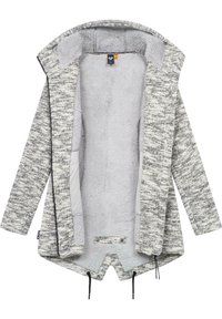 Veste polaire zippée grise chinée avec capuche, doublure intérieure douce en peluche, manches longues et cordons de serrage ajustables à l'ourlet.