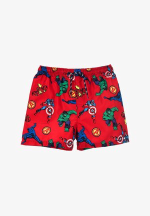 Shorts de bain rouges avec un motif vibrant de super-héros et de logos Marvel, dotés d'une taille élastique et d'un cordon de serrage.