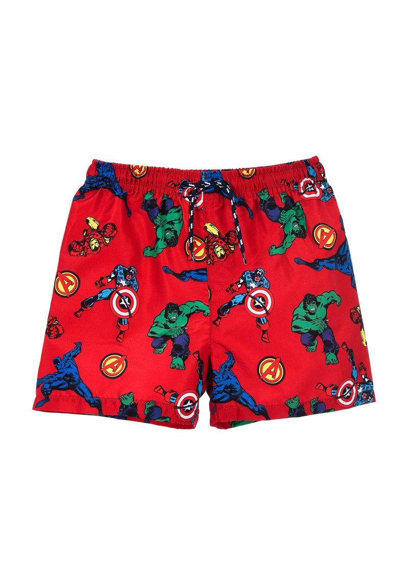 Boxer da bagno rossi con un vivace motivo di supereroi e loghi Marvel, dotati di vita elastica e chiusura con cordino.