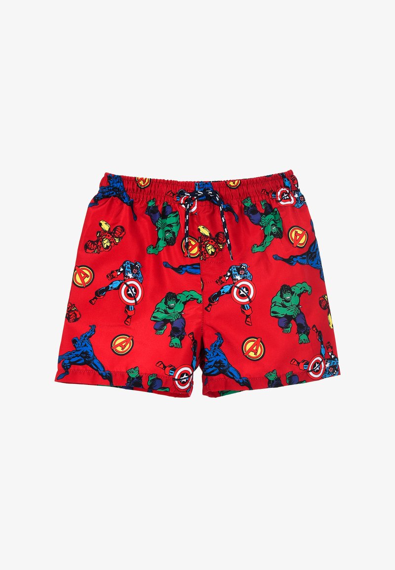 Shorts de bain rouges avec un motif vibrant de super-héros et de logos Marvel, dotés d'une taille élastique et d'un cordon de serrage.