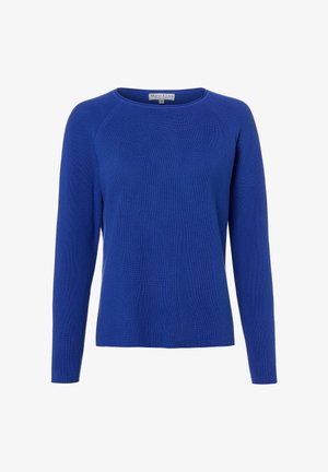 Blue long-sleeve knit sweater with crew neckline and raglan sleeves, plain texture, size small label visible inside collar.