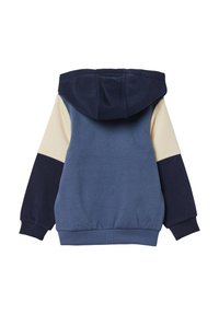 Mikina s kapucňou v námorníckej modrej, svetlo modrej a krémovej farbe. Obsahuje rebrované manžety a pás, s farebne rozdelenými rukávmi a mäkkou textúrou.
