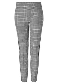 Gray plaid trousers featuring a slim fit, elastic waistband, contrasting black side panels, and a smooth texture.