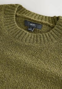 Olive green sweater with a textured knit pattern, featuring a ribbed neckline and a brand label inside. Material appears warm and soft.