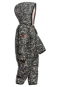 Puku pehmeä yhdistelmähousu tummanvihreänä, jossa on vaaleanpunainen kukkakuosi, vetoketjusuljenta, huppu ja sydämenmuotoinen paikka hihassa. Pehmeä sisävuori.