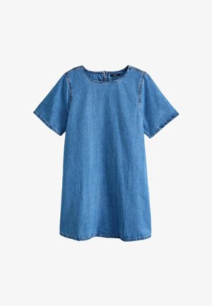 Kratka traper haljina svijetloplave boje, s okruglim izrezom i prošivenim detaljima duž šavova. Teksturirani traper materijal.