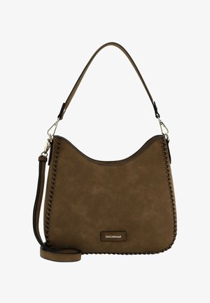 Brown faux suede shoulder bag with a curved design, detailed stitching, gold-tone hardware, and an adjustable strap. Features a logo plaque.