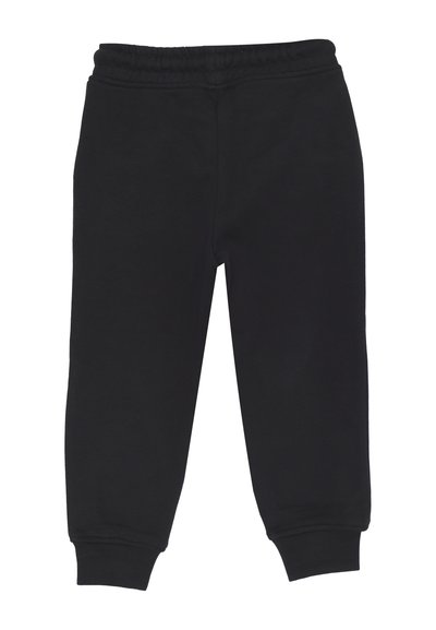 Pantaloni della tuta neri per bambini con cintura elastica e polsini a coste, stesi su uno sfondo bianco.