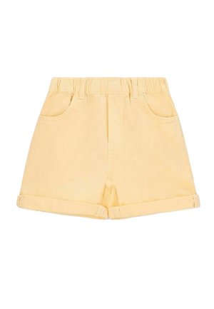 Shorts en coton jaune avec une taille élastique, quatre poches et des poignets retroussés. Texture lisse, design décontracté et longueur mi-cuisse.