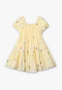 Gelbes Baumwollkleid mit kurzen Puffärmeln, gerafftem Oberteil und gestuftem Rock, das mit floralen Stickereien und einem strukturierten Punkte-Muster verziert ist.