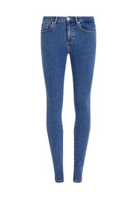 Tajta jeans i mörkblå denim med en slät textur, med framknäppning, fem fickor och subtila sömnadsdetaljer.