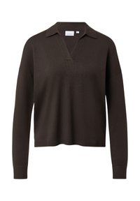 Brązowy sweter z dzianiny z dekoltem w serek, kołnierzykiem, długimi rękawami i luźnym krojem. Charakteryzuje się prążkowaną fakturą i subtelnymi detalami szwów.