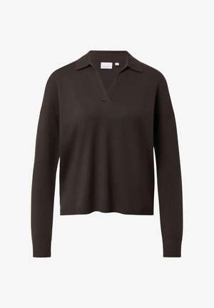 Brązowy sweter z dzianiny z dekoltem w serek, kołnierzykiem, długimi rękawami i luźnym krojem. Charakteryzuje się prążkowaną fakturą i subtelnymi detalami szwów.