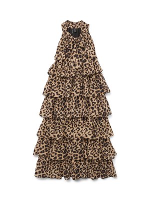 Vestido largo sin mangas con capas y estampado de leopardo, con un lazo atado en el escote, colocado sobre un fondo blanco.