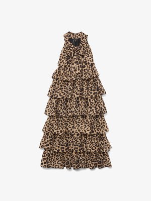 Rochie maxi fără mâneci, în straturi, cu imprimeu leopard și fundă legată la guler, așezată pe o suprafață albă.