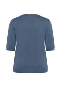 Blauer Kurzarmpullover mit rundem Halsausschnitt, glatter Textur und Rippstrickbesatz an Ärmeln und Saum. Die Rückansicht zeigt gleichmäßige Nähte.