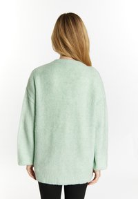 Maglione oversize verde menta con lavorazione texturizzata, spalle cadenti e bordo a coste, mostrato di spalle su un modello.