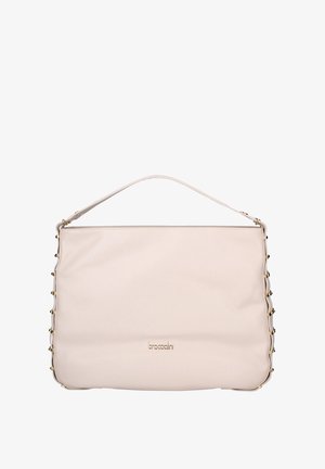 Borsa rettangolare beige con tracolla singola, borchie dorate lungo i bordi e piccolo logo "braccialini" centrato vicino al fondo.