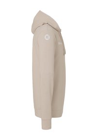 Hoodie beige con cordino, tasche laterali e logo sul maniche; texture liscia e design aderente, mostrato di lato.