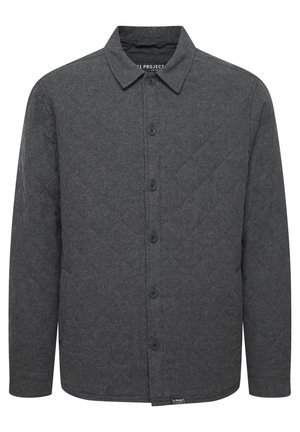 Gray quilted button-up shirt with a collar, featuring a textured fabric, six buttons, and a straight hem. Label visible at the bottom left.