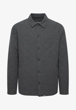 Graues gesteppte Hemd mit Knöpfen und Kragen, aus strukturiertem Stoff, mit sechs Knöpfen und geradem Saum. Etikett sichtbar in der unteren linken Ecke.