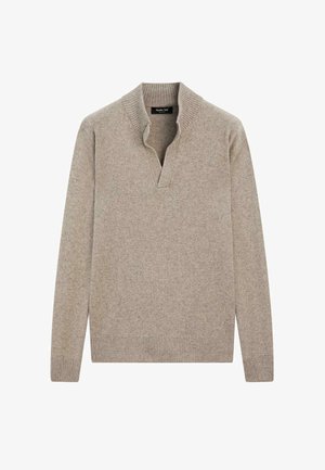 Maglione beige a maniche lunghe in maglia con collo alto a coste e apertura a intaglio a forma di V sul collo.
