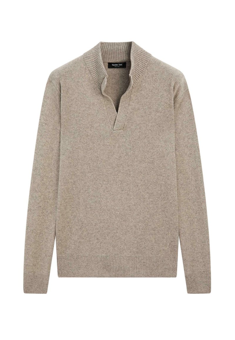 Beige long-sleeve knit sweater with a ribbed stand collar and a V-shaped notch opening at the neck.