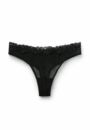 String noir en tissu côtelé, avec des sections transparentes et une ceinture en dentelle festonnée. Le design est minimaliste avec une texture délicate.