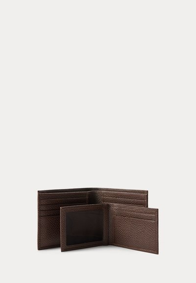 Brown leather bi-fold wallet open showing multiple card slots and a clear ID window against a plain background.