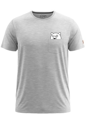 Gray short-sleeve T-shirt made of soft fabric, featuring a pocket with a black line-drawing of a bear peeking out.