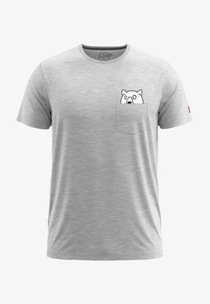 Graues T-Shirt mit kurzen Ärmeln aus weichem Stoff, mit einer Tasche, in der ein schwarzes Linienbild eines Bären zu sehen ist, der herausblickt.