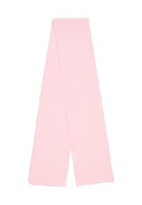 Écharpe longue de couleur rose clair, fabriquée dans un tissu texturé avec des côtes subtiles, présentant une forme rectangulaire et des bords lisses.