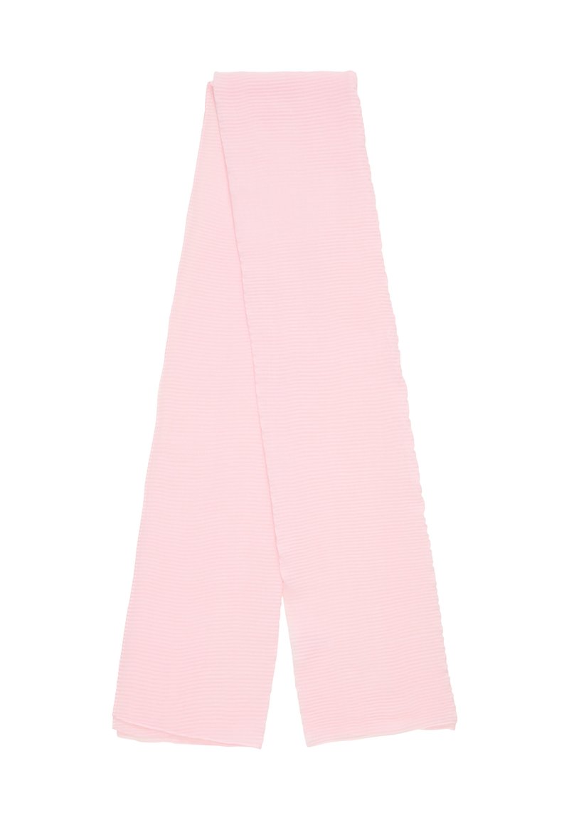 Écharpe longue de couleur rose clair, fabriquée dans un tissu texturé avec des côtes subtiles, présentant une forme rectangulaire et des bords lisses.