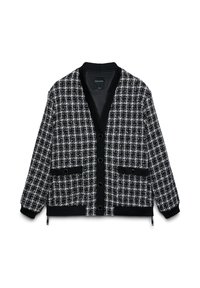 Black and white tweed cardigan with a V-neck, button front, two front pockets, and ribbed cuffs and hem.