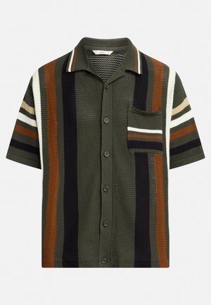 Short-sleeve collared shirt in green with horizontal stripes in brown, white, and navy. Features a textured knit and a chest pocket.