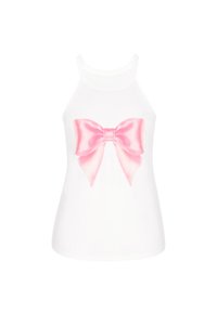 Fehér ujjatlan felső, középen egy nagy, rózsaszín vícoloros masni grafikával. Simaszerű anyag, laza szabással.