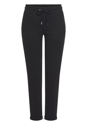 Zwarte sweatpants gemaakt van zacht materiaal, met een elastische tailleband met trekkoorden en behaalde uiteinden. Eenvoudig ontwerp in een effen kleur.