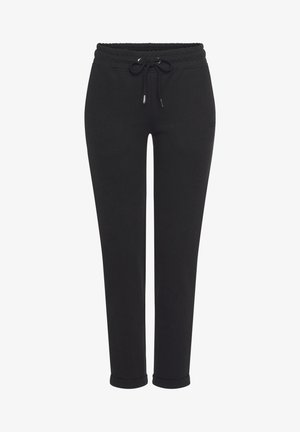 Schwarze Jogginghose aus weichem Material, mit elastischem Bund und Kordelzug sowie gerippten Säumen. Einfaches, einfarbiges Design.